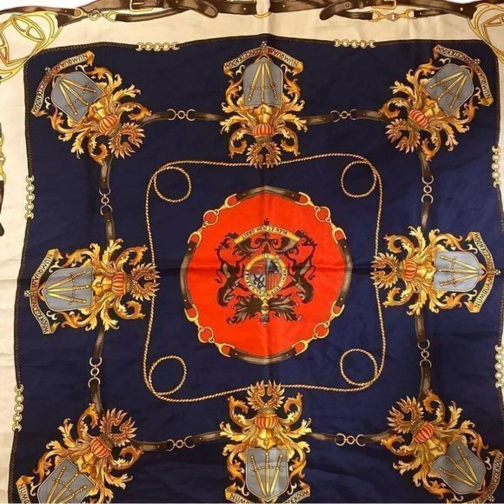 Honi Soit Aly Pense Silk Scarf - 34x34 red , navy gold , British silk scarf